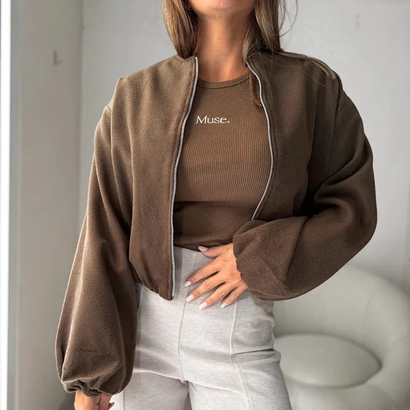Women's off-shoulder short coat with lantern sleeves in polyester fabric, milky white colour option