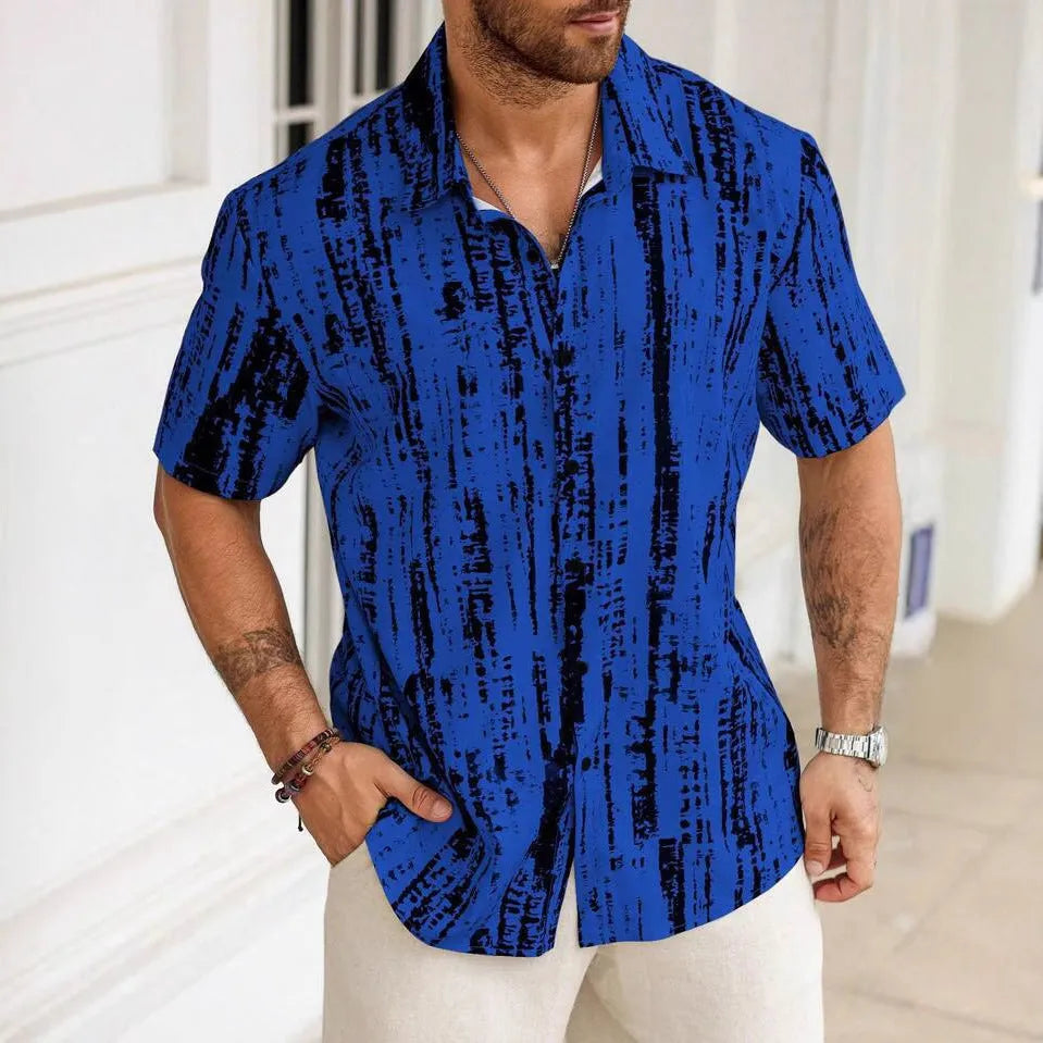 Men's short sleeve casual shirt with 3D printed stripe pattern in summer colours