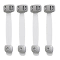 Gray child safety lock with adjustable strap attached to a cabinet handle, 53 x 112 x 16mm
