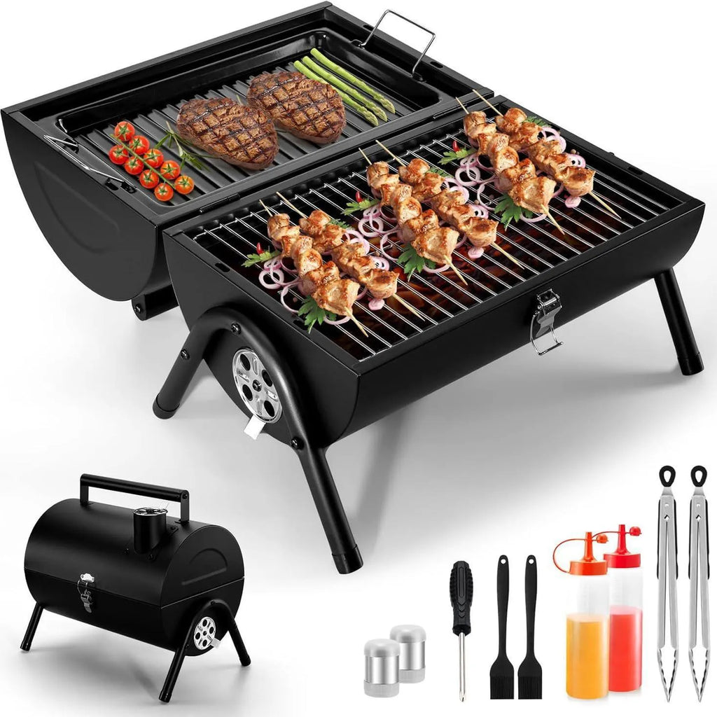 Small folding desktop charcoal barbecue with grill for tabletop cooking