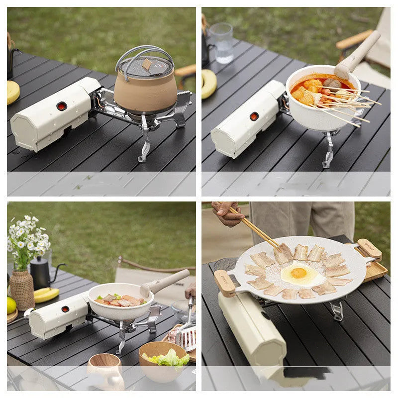 Green folding camping gas stove with burner, serrated bracket, and anti-slip feet on a tabletop