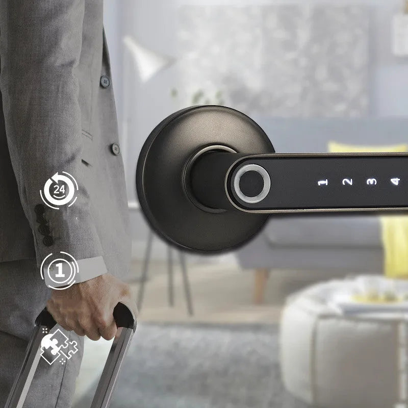 Black alloy smart lock with fingerprint sensor and keyless door handle for home use
