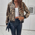 Women's leopard print long sleeve polyester fashion jacket in leopard print, size S to XXL