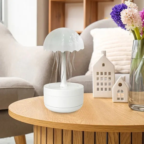 White jellyfish essential oil diffuser with 300ml tank and 7-colour night light on a desk