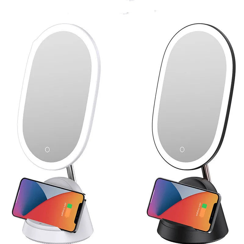 White multifunctional makeup mirror table lamp on desk, compact size 12.2x12.8x43.9cm, socket powered 220V.