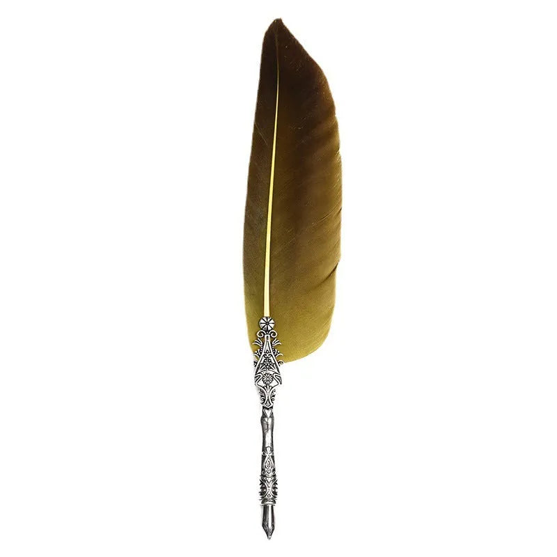 Vintage feather dip pen in ten colours with zinc alloy casing measuring 30×13×4 cm
