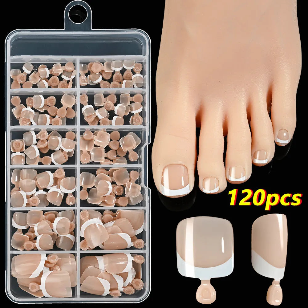 120 piece French white edge false toe nails in nude colours, full square short shape.