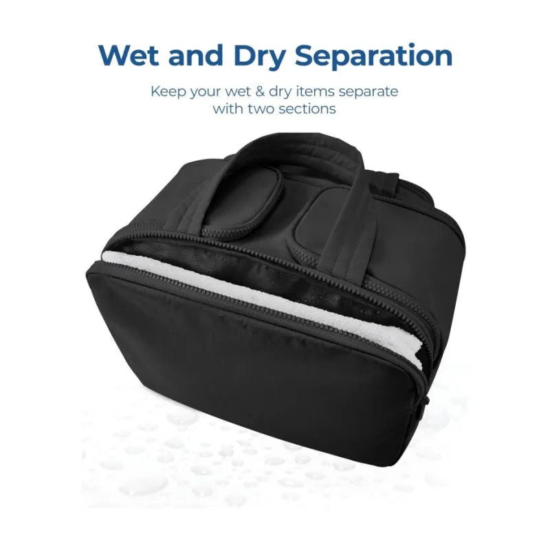 Large lightweight travel toiletry bag in beige colour with wide open top showing spacious interior.