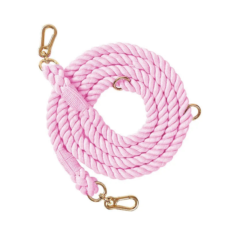 Woven rainbow dog leash on a green background showing double-headed design and silver metal accessories