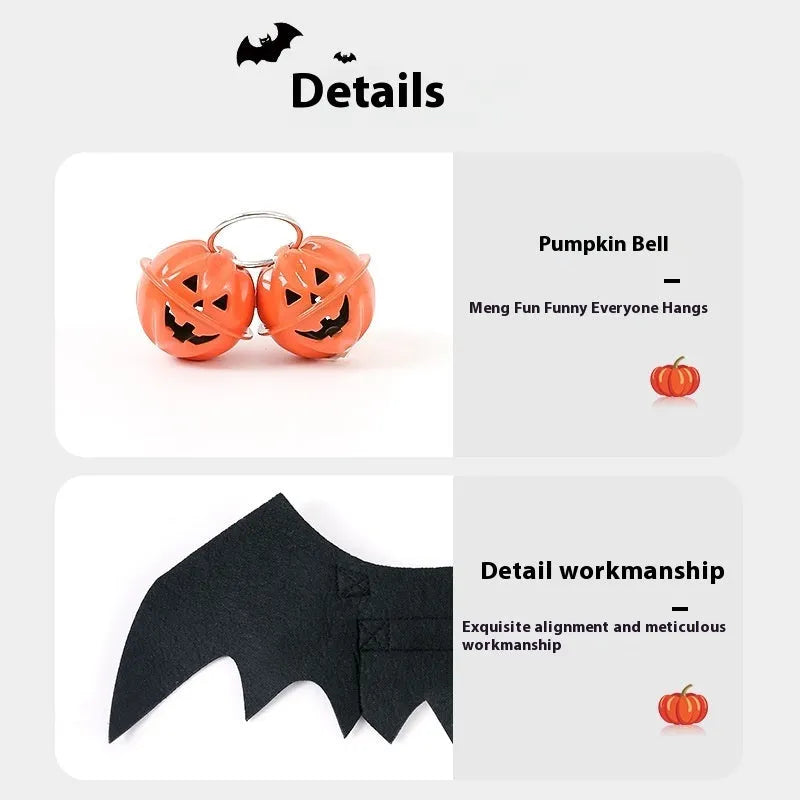 Black wings felt pet Halloween costume with bell on a small dog, available in sizes S M L