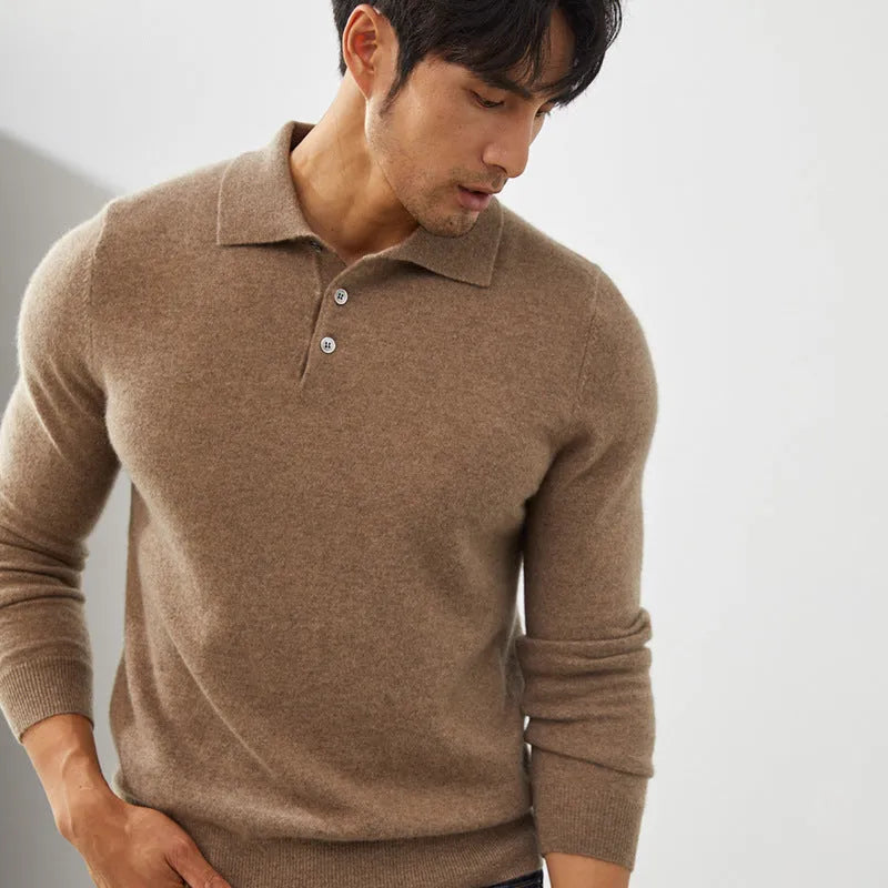 Man wearing a sapphire blue loose-fit cashmere polo neck pullover sweater