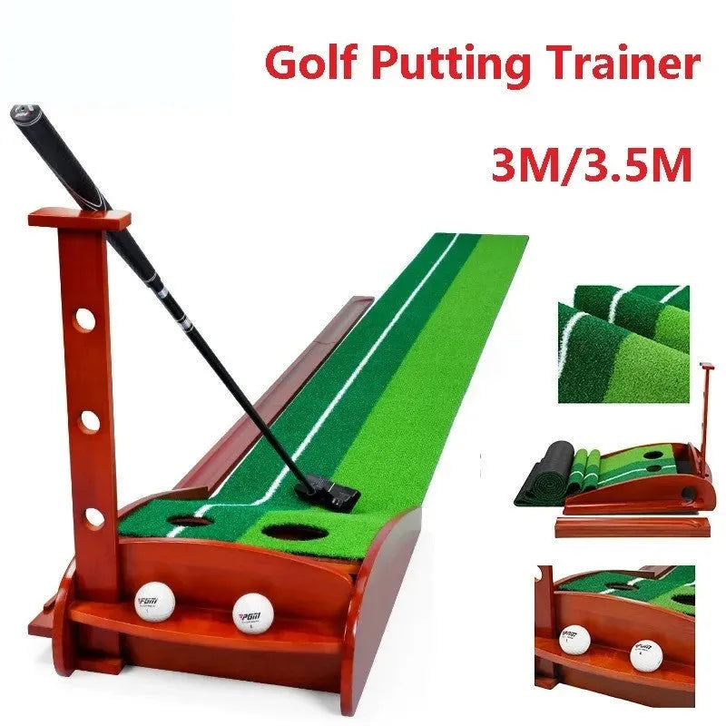 Indoor golf putter practice mat with solid wood base and automatic ball return in 3 metre length