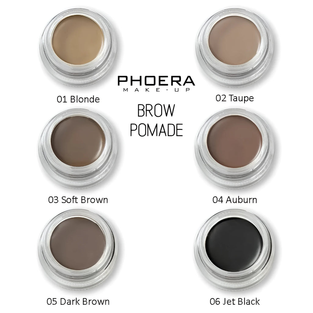 Phoera Eyebrow Cream pot with six colour swatches and double-ended brush for brow shaping