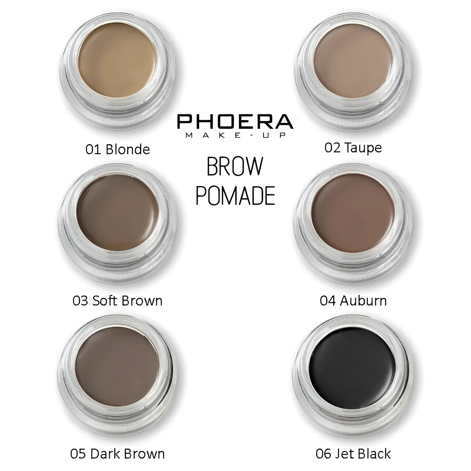 Phoera Eyebrow Cream pot with six colour swatches and double-ended brush for brow shaping