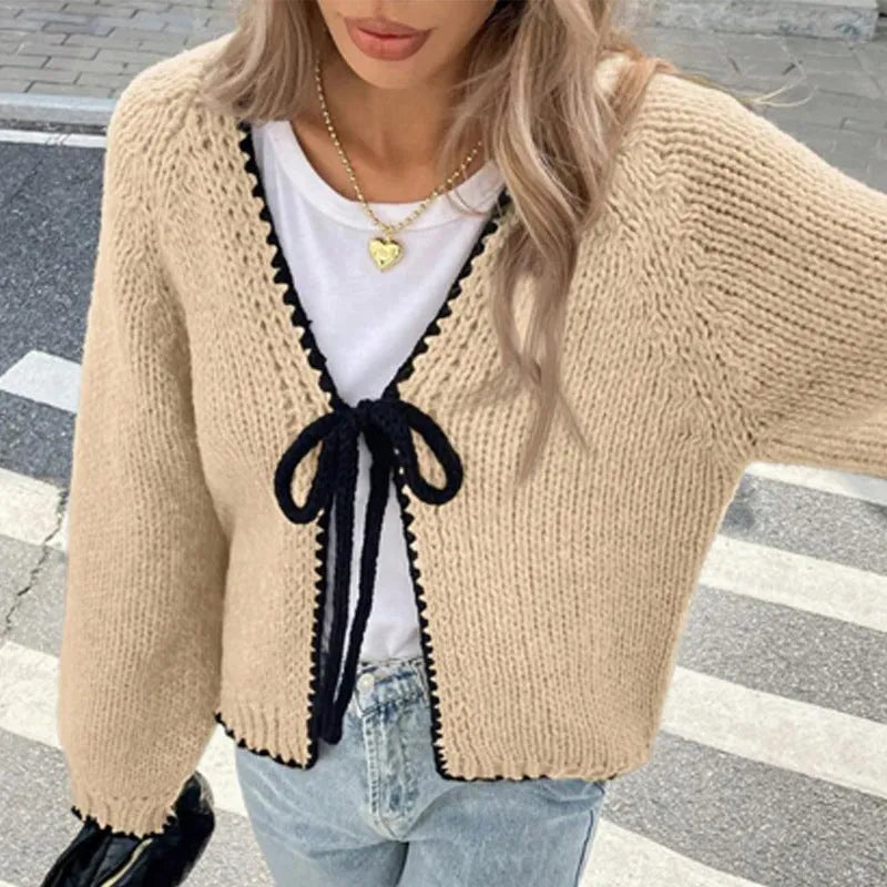 Women's solid colour lace-up cardigan with crocheted flowers, polyester knit, loose long sleeves
