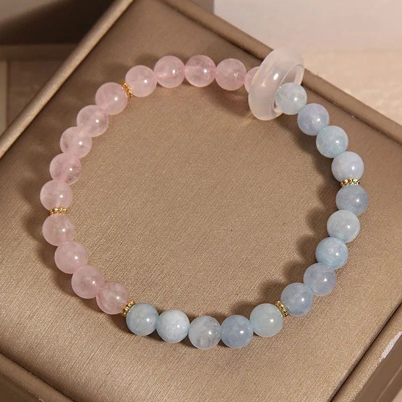 Women's aquamarine crystal bracelet with round natural pink crystal beads, light luxury style, handmade jewellery