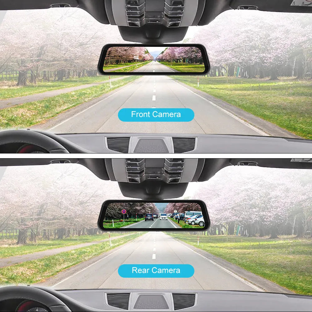 HD wired 9.66-inch driving recorder with touch screen, CarPlay, and Android Auto on a car windscreen
