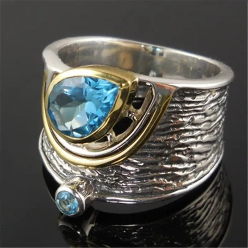 Blue alloy women's ring with Chinese style drop shape design and inlaid zircon rhinestone detailing