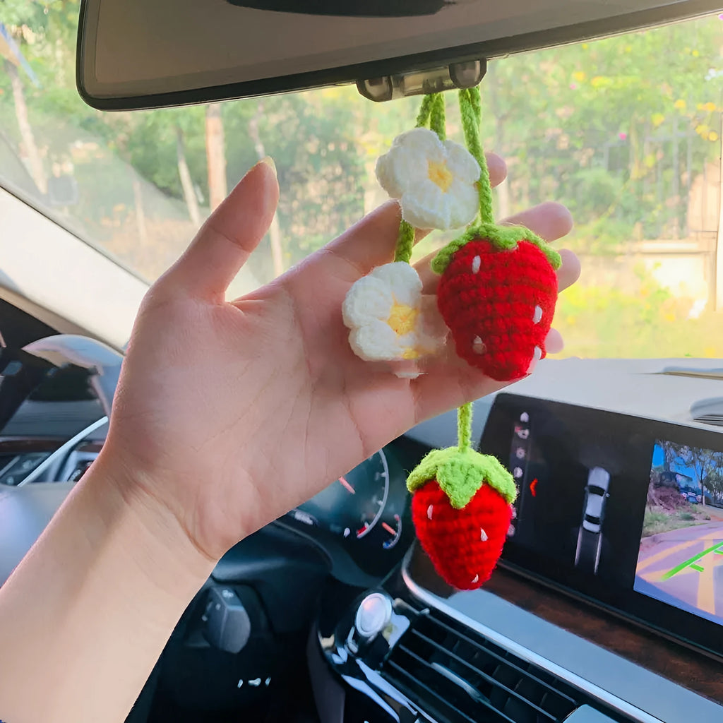 Handmade strawberry-shaped car pendant knitted from cotton and hemp fibres