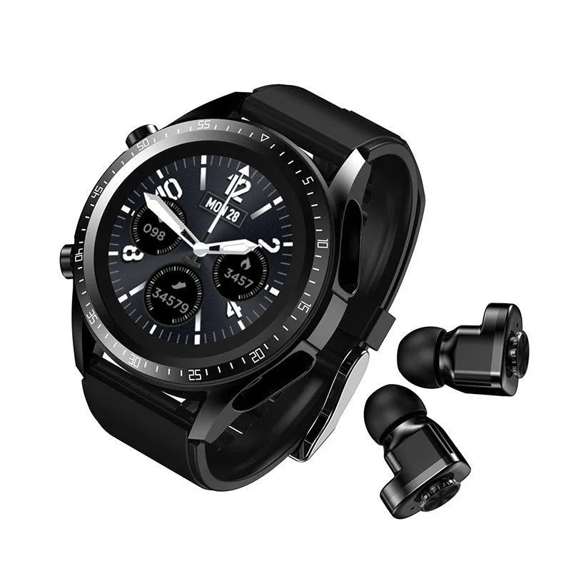 Black smart watch with silicone strap showing blood pressure and oxygen monitoring on its screen.