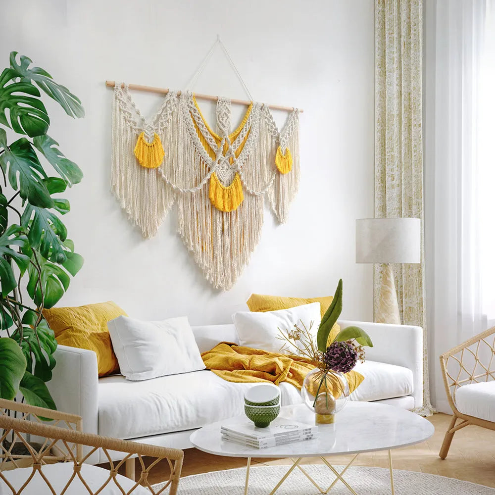 Nordic style creamy white cotton tapestry measuring 120 by 95 centimetres
