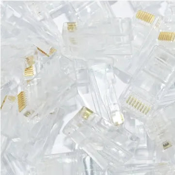 White RJ45 network modular plug with gold-plated three-fork contacts for Ethernet cable termination