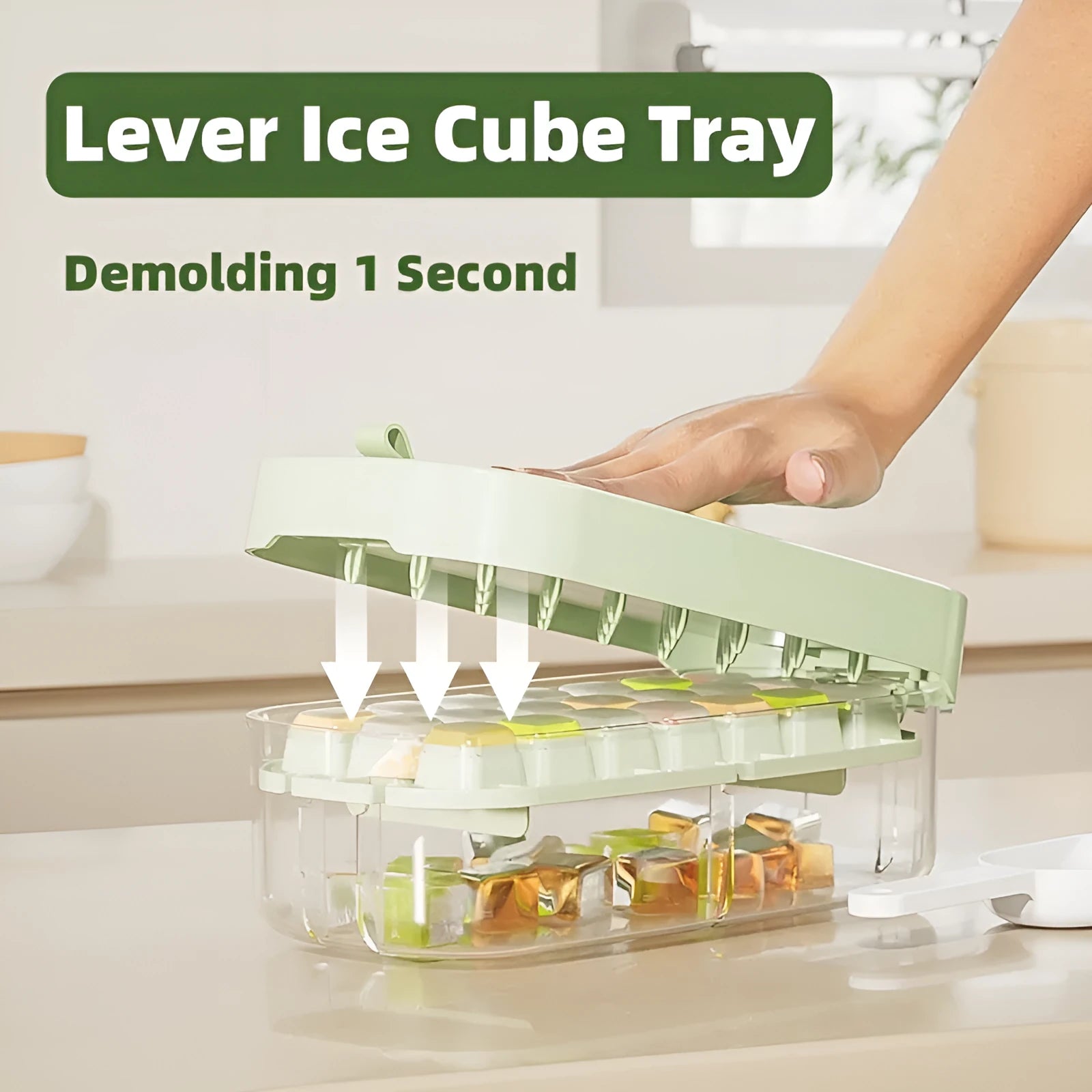 Food grade plastic ice cube tray in blue with high capacity grid and integrated ice shovel storage compartment.