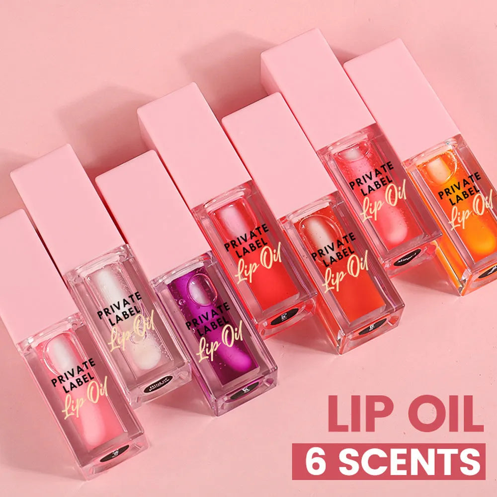 Six transparent lip gloss tubes in 6ml size with different fruity flavours for natural sheer finish