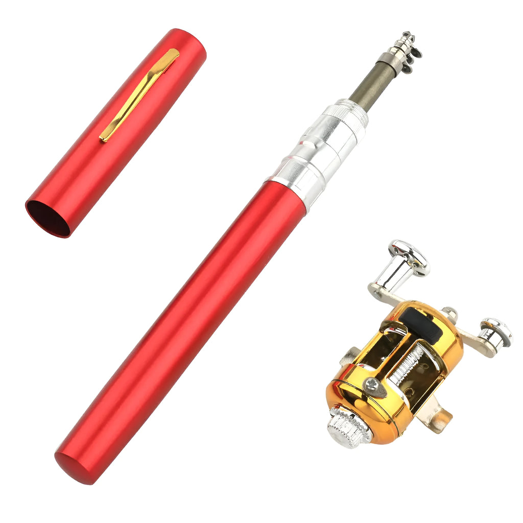 Gold telescopic pocket fishing rod extended next to its ST5RL reel and collapsed in its aluminium pen case.