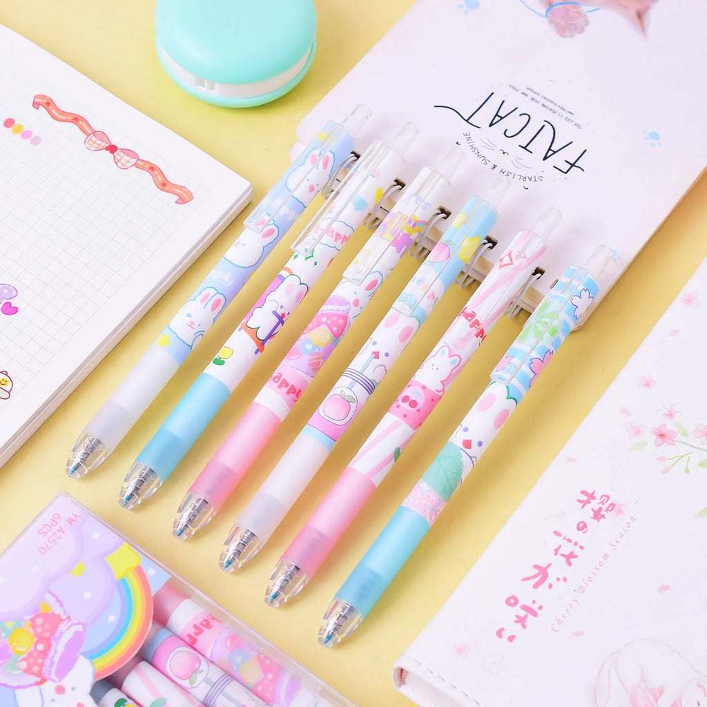 Six cartoon bunny black pens with 0.5mm tips arranged in stationery set