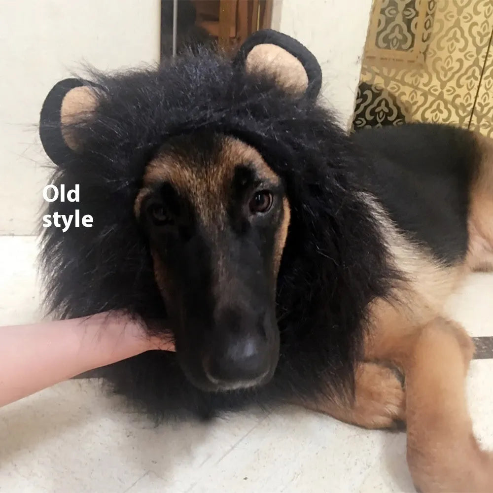 Dog wearing lion head cover in light brown with elastic band adjustment, three sizes S M L
