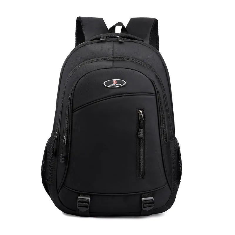 Waterproof nylon school backpack with airpillow straps, available in black, red, blue, and gray