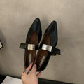 Women's pointed toe silver Mary Jane shoes with low heel, buckle closure, in black or wine red, sizes 35-40