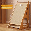 Vertical wall-sticking cat scratch board with sisal hemp rope and cat teasing ball style on a white wall