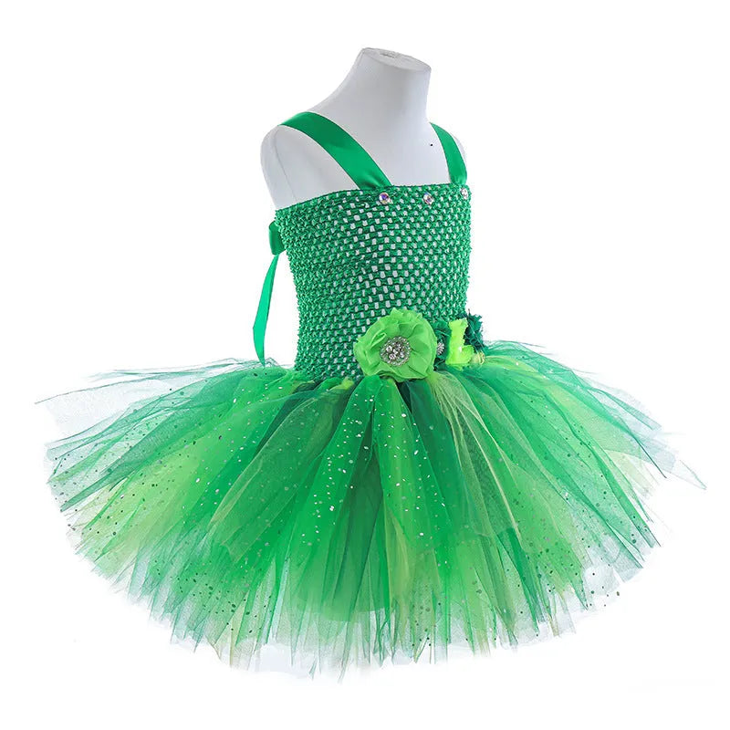 Children's sequined western princess dress with tulle pleated skirt in pink colour, front view