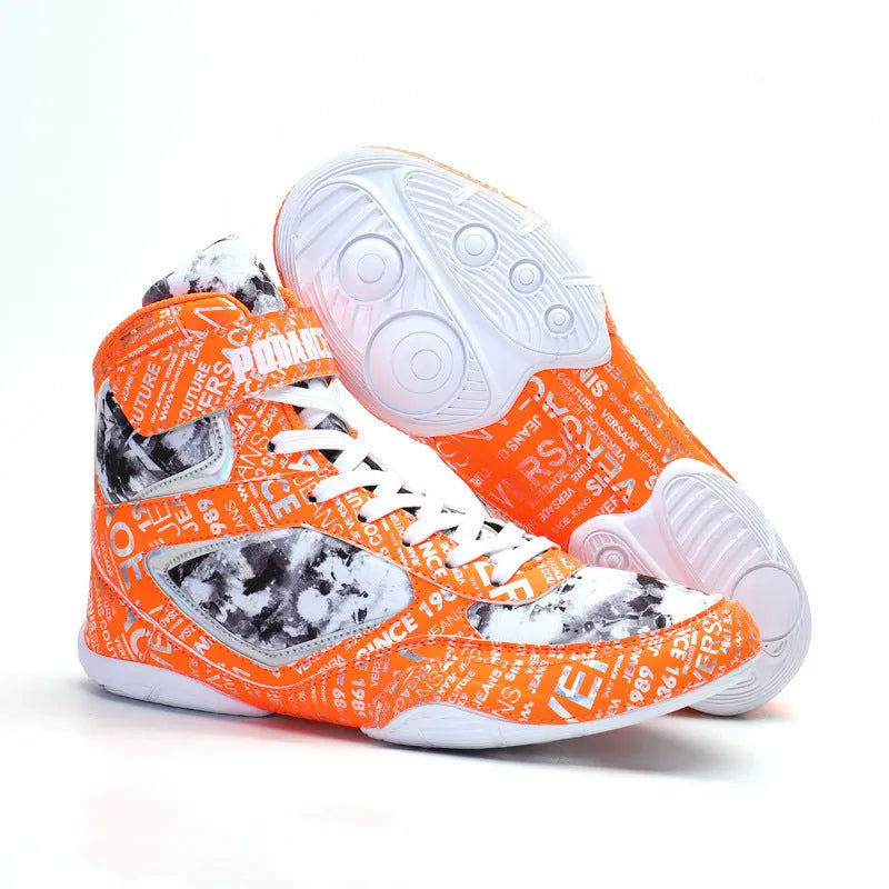 High-top boxing shoes in solid colour graffiti style with mesh upper and rubber sole on ground surface