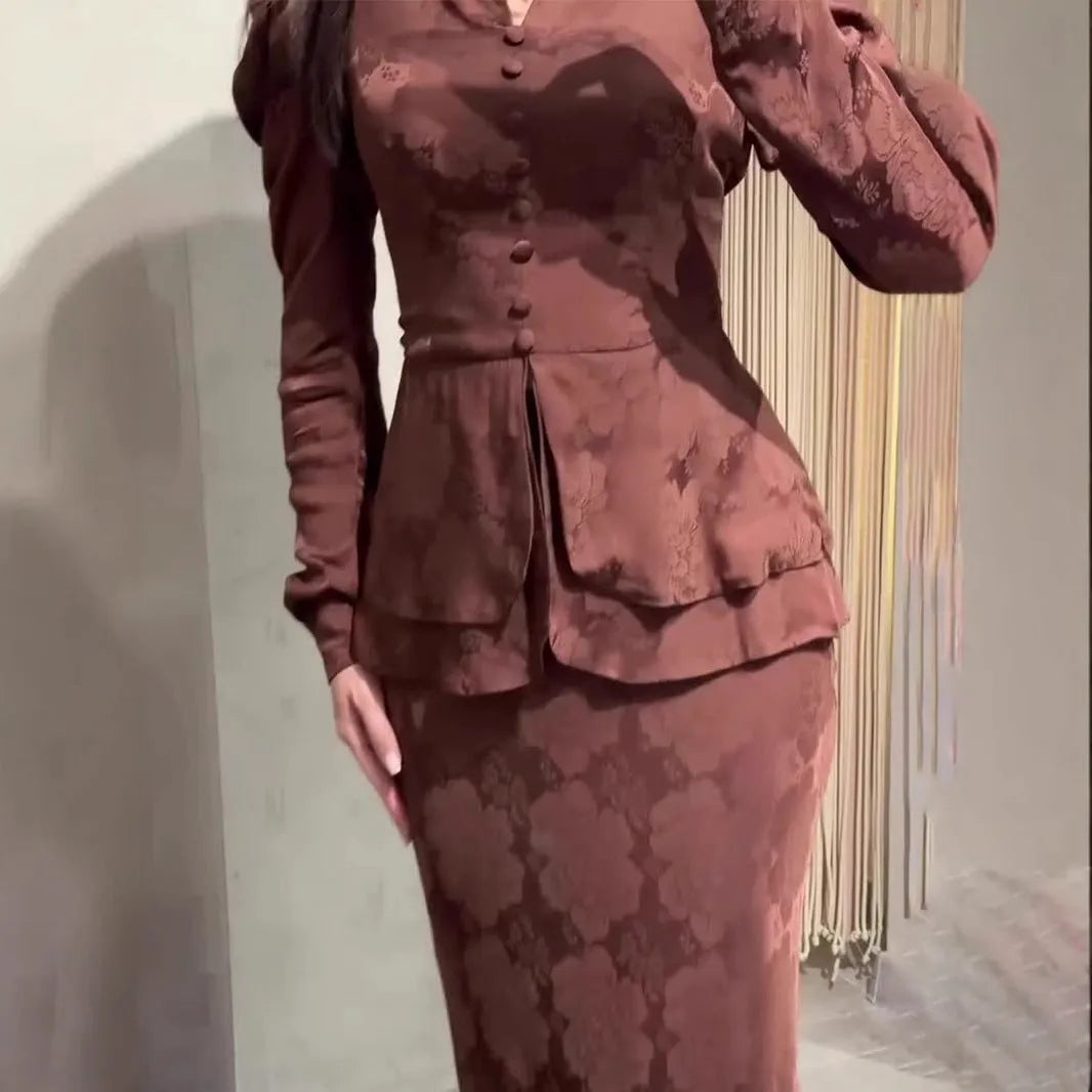 Dark brown women's retro style long sleeve dress with floral pattern and faux two-piece design.