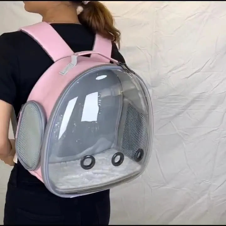 Transparent pet backpack carrier with bubble window for small animals like hamsters and guinea pigs, black colour