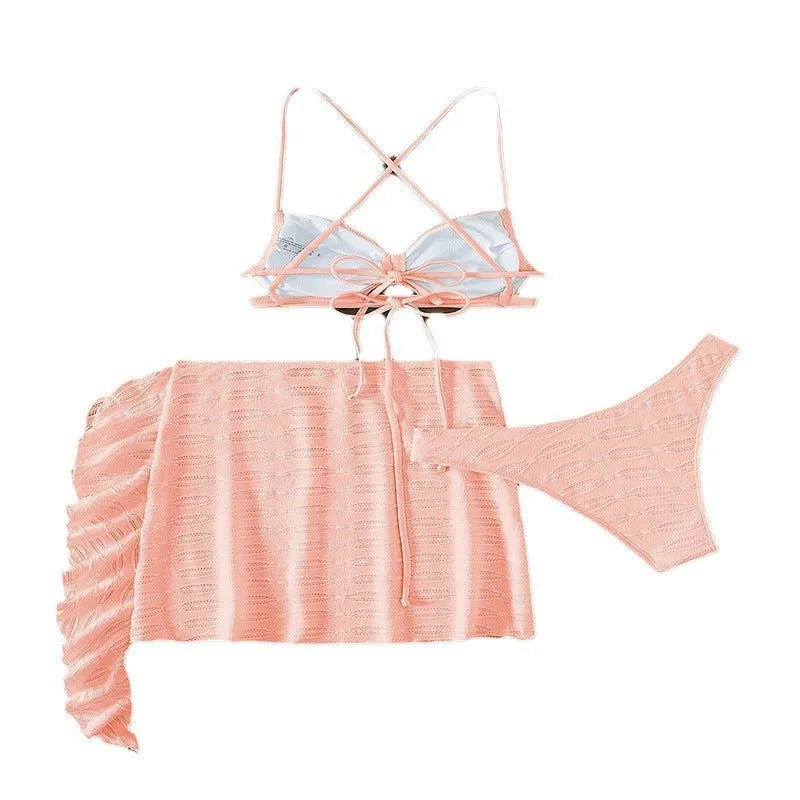 Lace-up bikini three-piece swimsuit for women in light pink, with top, pants, and skirt made of polyester