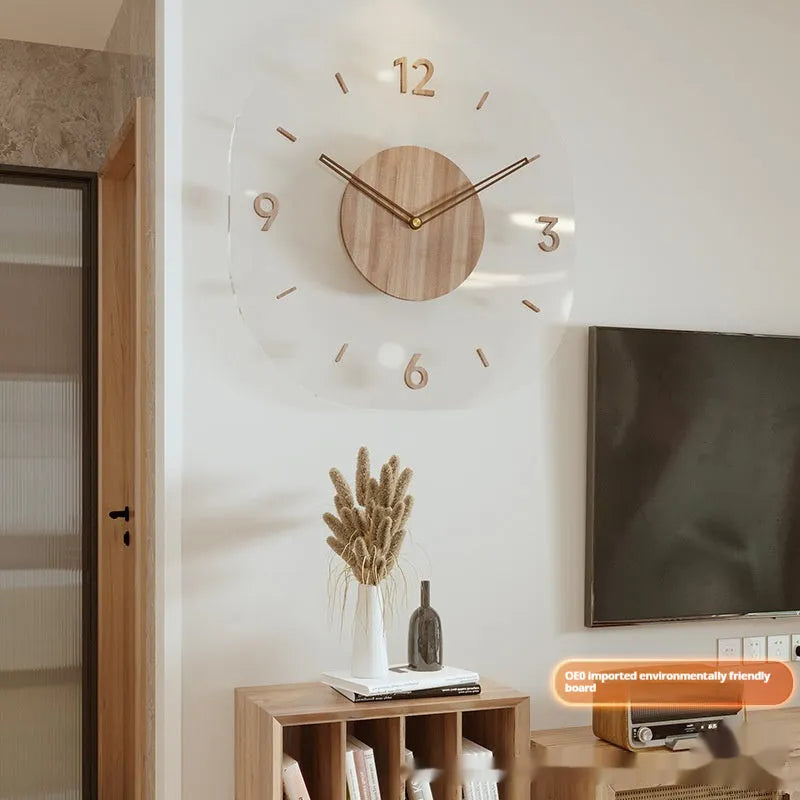 Transparent wooden frame wall clock with clear glass face and black Roman numerals