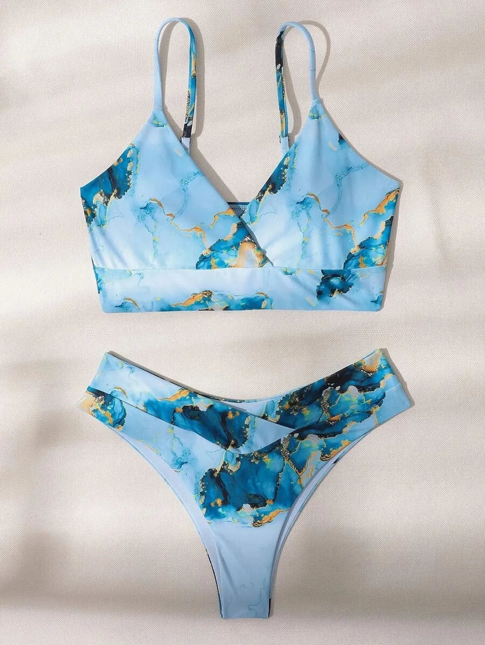 Women's marble tie-dye high-waist separated swimwear bikini with U-neck top