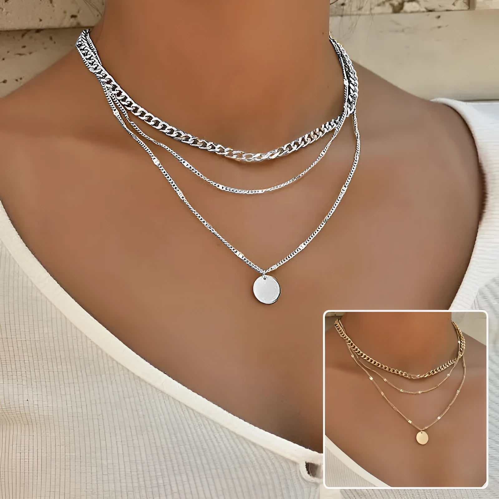 Women's multilayer disc pendant necklace in gold alloy electroplated finish on clavicle-length chain