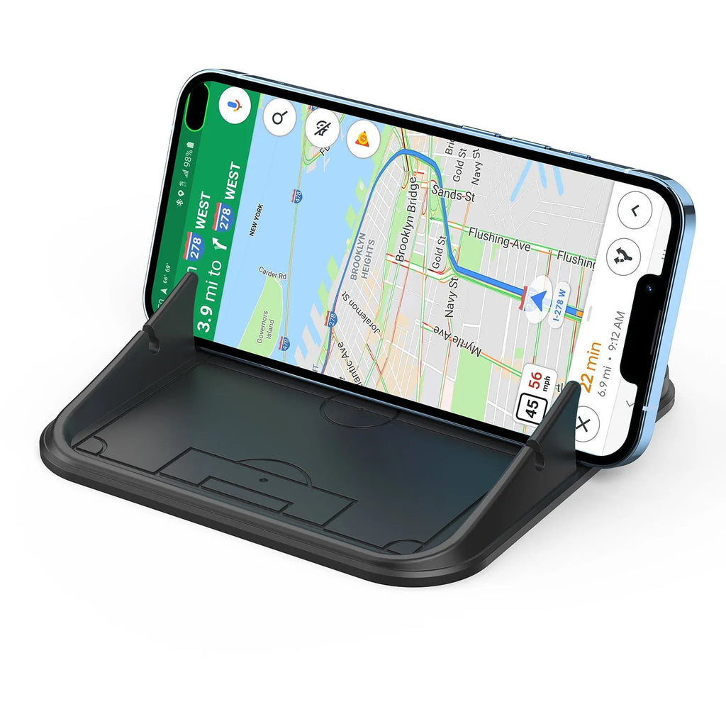 Grey silicone car phone holder Peak-X5 on dashboard with mobile phone inserted