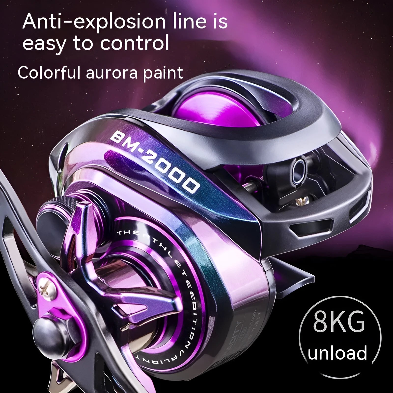 Colourful BM2000 water drop shaped fishing reel with a strong magnetic brake system.