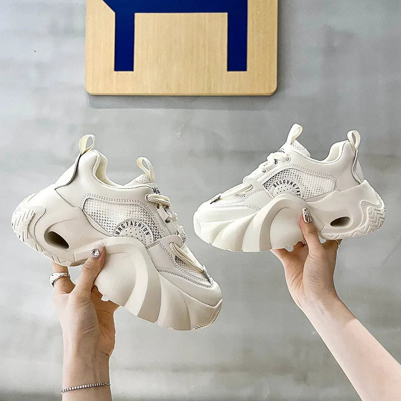 Women's thick sole sneakers with crossover strap detail in pink, black, and beige colour options