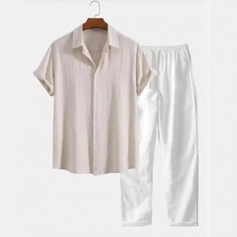 Men's casual loose-fit linen blend short sleeve shirt and trouser suit on a hanger.