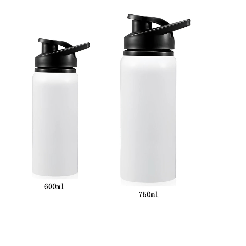 White aluminium cycling water bottle with double-walled insulation in 600ml and 750ml capacity options