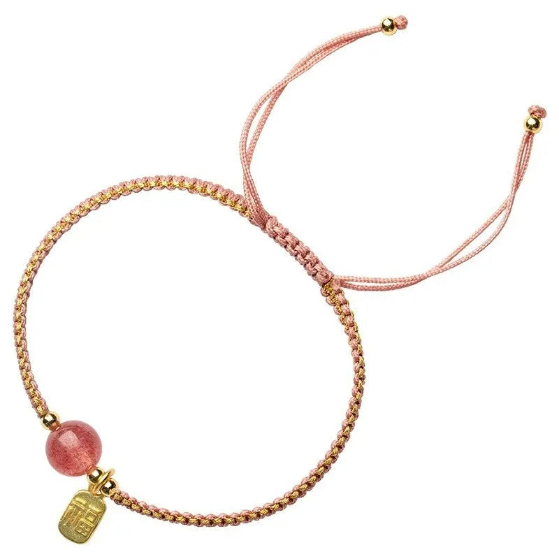 Red rope adjustable bracelet with Strawberry quartz style, unisex national tide design
