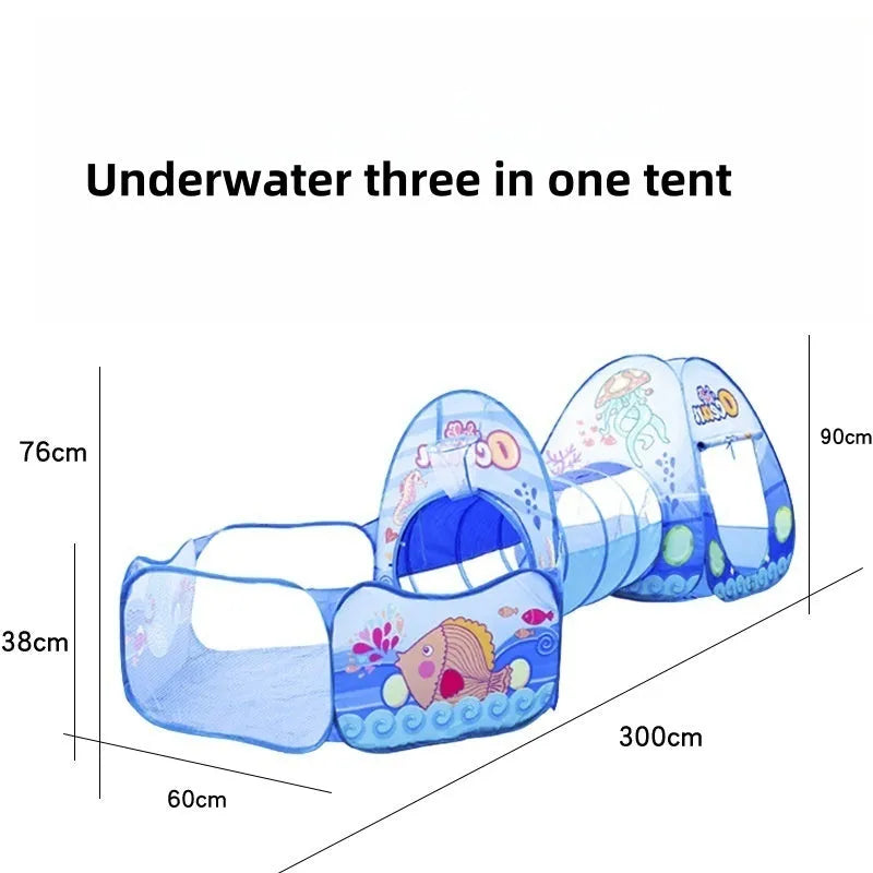 Underwater World three-in-one children's play tent set with tunnel and ball pit in cartoon marine theme.