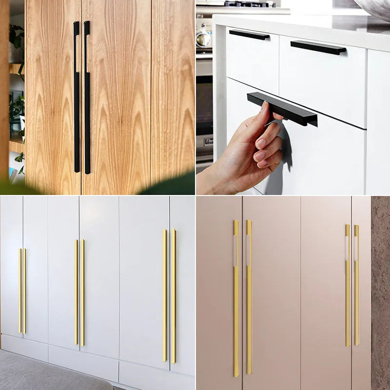 Gold T-shaped aluminium alloy cabinet handle showing three hole distance options